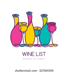 Vector trendy illustration of multicolor wine bottles and glass. Logo design template. Creative concept for wine list, bar menu, alcohol drinks.