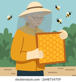 Vector trendy illustration of an old woman beekeeper with a frame with honeycombs and bees. Hobbies in retirement. Professional female apiarist in uniform.