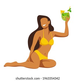 vector trendy illustration on the theme of summer holidays. tanned young smiling girl in a yellow bikini holds a cocktail in her hand, rests and sunbathes on the beach isolated on white background.