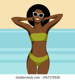 vector trendy illustration on the theme of summer holidays. beautiful young dark-skinned girl stands on the beach in a green swimsuit against the backdrop of the sea or ocean. elements are isolated.