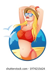 vector trendy illustration on the theme of summer holidays. tanned young smiling blonde girl in yellow swimsuit,sunglasses and hat with hands behind her head on the beach isolated on white background