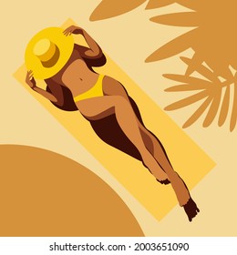 ilustración de moda vectorial sobre el tema de las vacaciones de verano. preciosa jovencita bronceada con bañeras amarillas en la playa. útil para la publicidad de vacaciones de verano, resorts, hoteles, playas.
