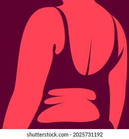 vector trendy illustration on the theme of body positivity. silhouette of a beautiful fat girl who stands with her back and is not at all ashamed of fat folds on her body. image in pink colors.