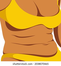 ilustración de moda vectorial sobre el tema del cuerpo positivo. una chica jugosa y gorda se sienta en ropa interior amarilla y no se asusta por los pliegues gordos de su cuerpo. aislado de fondo blanco. amate a ti mismo y a tu cuerpo.
