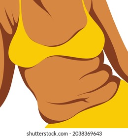 vector trendy illustration on the theme of body positive. juicy fat girl sits in yellow underwear and is not shy about fat folds on her body. isolated on white background. love yourself and your body.