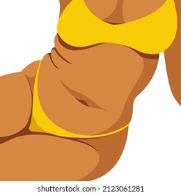 vector trendy illustration on the theme of body positive. juicy fat girl sits in yellow underwear and is not shy about fat folds on her body. isolated on white background. love yourself and your body.
