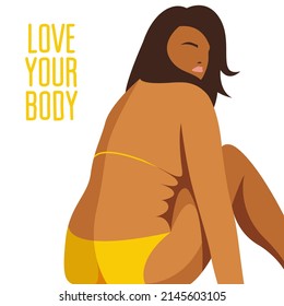 vector trendy illustration on the theme of body positivity. a juicy fat girl sits in a yellow bikini and is not shy about the fat folds on her body. isolated on white background. text "love your body"