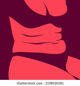 ilustración de moda vectorial sobre el tema del cuerpo positivo. una chica de plump curvada se sienta en ropa interior y no se asusta por los rollos de vientre y los pliegues de grasa en su cuerpo en tonos rosas. amate a ti mismo y a tu cuerpo.