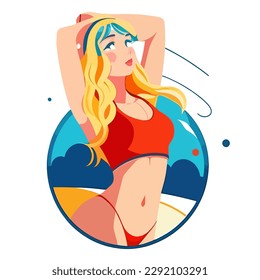 vector trendy illustration on the theme of summer holidays. tanned young smiling blonde girl in yellow swimsuit,sunglasses and hat with hands behind her head on the beach isolated on white background