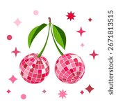 Vector trendy illustration of pink cherries mirrored disco balls with leaves. Berries art isolated on white background. Design for party, summer poster, nightlife music event
