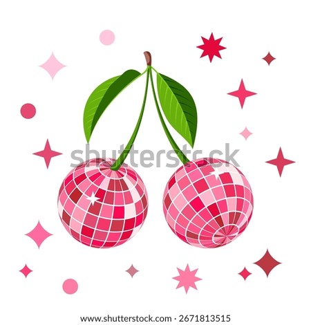 Vector trendy illustration of pink cherries mirrored disco balls with leaves. Berries art isolated on white background. Design for party, summer poster, nightlife music event