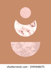 Vector trendy illustration of printable card with boho mid century stones and marble textured shapes of moon, planets. Abstract contemporary aesthetic background with geometric elements