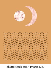 Vector trendy illustration of printable card with boho mid century stones and marble textured shapes of moon, planets. Abstract contemporary aesthetic background with geometric elements, lines