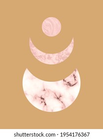 Vector trendy illustration of printable card with boho mid century stones and marble textured shapes of moon, planets. Abstract contemporary aesthetic background with geometric elements