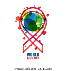 Vector trendy illustration of red ribbon aids symbol and green globe. Concept for 1st December World Aids Day. Transparent flat icon. Background with place for text.