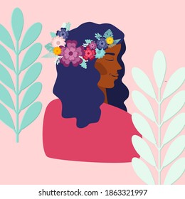 Vector trendy illustration romantic girl with flowers and leaves