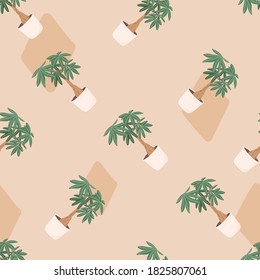 Vector trendy illustration seamless pattern of home plant in a pot. Money bonsai or pachira aquatica. Wooden trunk and large green leaves. Object for decoration.