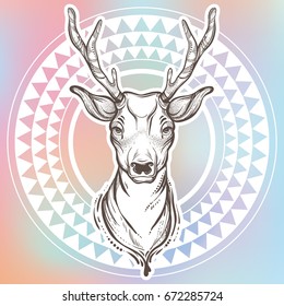 Vector trendy illustration with sketch style deer and ethnic round pattern around. Tribal artwork. Tattoo, astrology, alchemy, magic, travel, nature symbol background. Print, poster, textile.