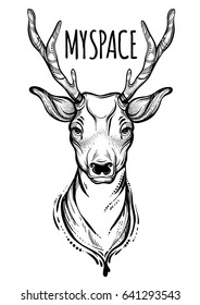 Vector trendy illustration with sketched deer. My space. Concept art. Tattoo, astrology, alchemy, magic, space and nature symbol background.