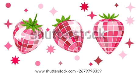 Vector trendy illustration of strawberries mirrored disco balls with leaves. Berries art isolated on white background. Design for party, summer poster, nightlife music event