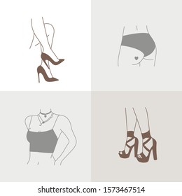Vector trendy illustration template and icons in linear style - graceful faceless lady. Attractive woman body parts. Female logos for lingerie or clothes
