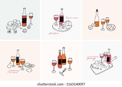 Vector trendy illustration template and icons in linear style - wine sets with bottles of wine, glasses and plates with cheese and fruits