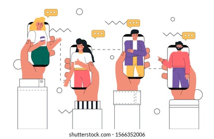 Vector trendy illustration video call concept. Human hand holding a smartphone with man on the screen. Touch screen with a finger.The concept of collaboration, chat, video call, digital communication.