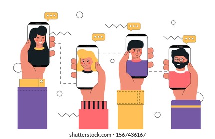 Vector trendy illustration video call concept. Human hand holding a smartphone with face on screen. Touch screen with a finger. The concept of collaboration, chat, video call, digital communication.