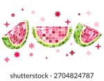 Vector trendy illustration of watermelon with mirrored disco ball texture. Tropical fruits set art isolated on white background. Design for party, summer poster, nightlife music event