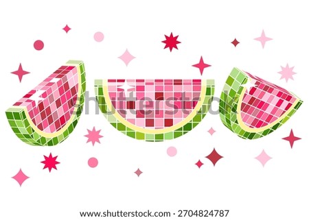 Vector trendy illustration of watermelon with mirrored disco ball texture. Tropical fruits set art isolated on white background. Design for party, summer poster, nightlife music event