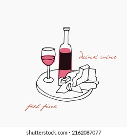 Ilustración de moda vectorial - bodega con botella de vino, vasos y platos con queso y frutas