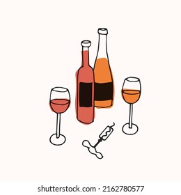 Vector trendy illustration - wine set with bottle of wine, glasses and corkscrew