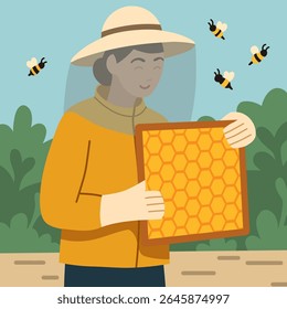 Ilustração na moda do vetor de uma mulher apicultora com uma moldura com favos de mel e abelhas. Um hobby útil. Profissional apicultor feminino de uniforme.