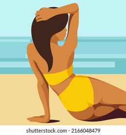 imagen vectorial de moda sobre el tema de las vacaciones de verano. una niña bronceada con traje de baño amarillo posa en la playa, en las hamacas, en los descansos, en un complejo tropical con el mar o el océano como telón de fondo.