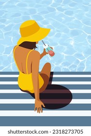 vector trendy image on the theme of summer holidays. a woman in a yellow swimsuit sits with her back on the edge of the pool in a big hat with a drink, sunbathes, rests, relaxes in a tropical resort.