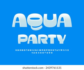 Vector trendy invitation Aqua Party. Stylish Glossy Font. Modern Alphabet Letters and Numbers.