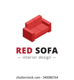 Vector trendy isometric red sofa logo. Brand sign