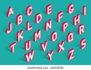 Vector trendy isometric uppercase alphabet with shadows. White 3d letters with red outline on turquoise background.