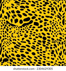 Vector trendy leopard skin abstract seamless pattern. Wild animal cheetah leather black texture on yellow background for fashion print design, textile, cover, wrap, wallpaper.