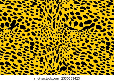 Fondo horizontal de patrón abstracto de piel de leopardo de moda vectorial. Textura negra de cuero chita de animales salvajes sobre fondo amarillo para diseño de impresión de moda, textil, cubierta, papel pintado, banner.