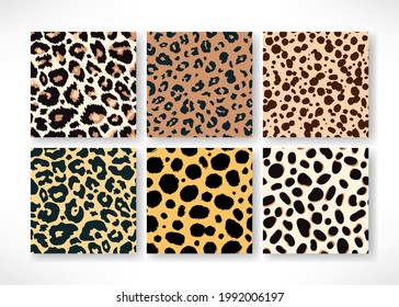 Vector Trendy leopard skin seamless pattern set. Hand drawn wild animal cheetah spots abstract repeat texture for fashion print design, backgrounds, digital paper, wallpaper.