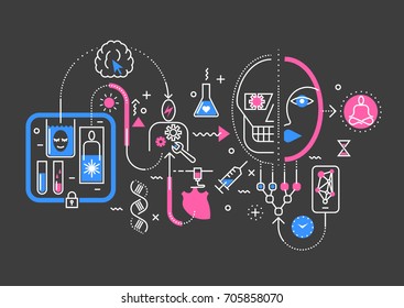 Vector trendy line abstract process illustration of medical technologies in future, robotization, creogenesis, transplantation, eternal life. Concept for website header banner layout, presentation.