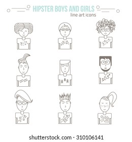 Vector trendy line art men and women icons in hipster style. EPS10.