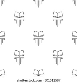 Vector trendy line style open book on greek column seamless pattern