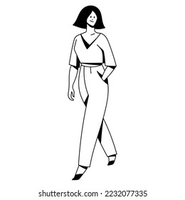 vector trendy linear illustration of a beautiful stylish girl in fashionable clothes walking down the street. street style, fashion. useful for web, graphic design, print, clothing store, card, poster