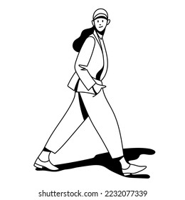 ilustración lineal de moda vectorial de una bella chica elegante vestida de moda caminando por la calle. estilo callejero, moda. útil para web, diseño gráfico, impresión, tienda de ropa, tarjeta, afiche