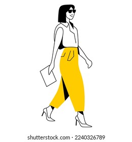 vector trendy linear image of a beautiful stylish girl in fashionable clothes walking down the street. street style, fashion. useful for architectural drawing, industrial design, web, graphic design