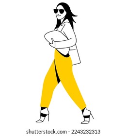 imagen lineal vectorial de moda de una bella chica elegante vestida de moda caminando por la calle. estilo callejero, moda. útil para el dibujo arquitectónico, diseño industrial, web, diseño gráfico