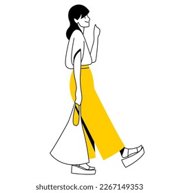 vector trendy linear image of a beautiful stylish girl in fashionable clothes walking down the street. street style, fashion. useful for architectural drawing, industrial design, web, graphic design