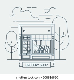 Vector trendy linear small shop grocery mini market store facade illustration. Thin line web banner template or graphic design element on small business entrepreneurship